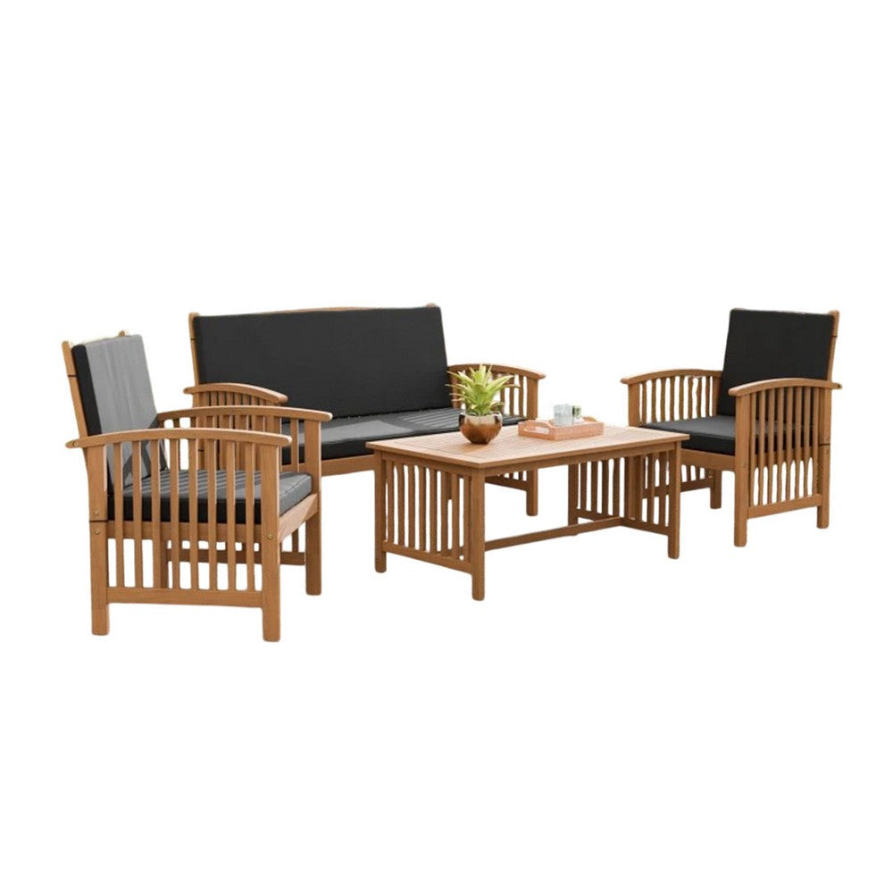 Kaila 4pc Patio Sofa, Chair & Coffee Table Set | Black Cushions | Brown Wood