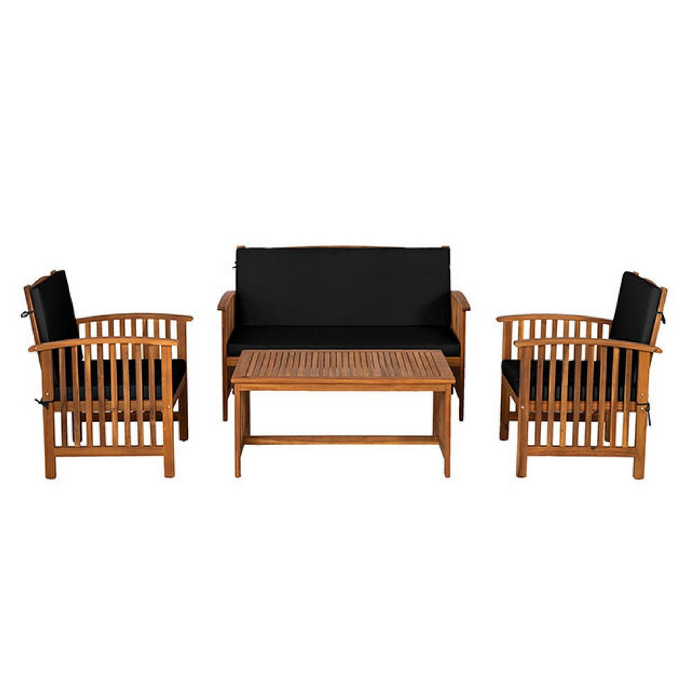 Kaila 4pc Patio Sofa Chair & Coffee Table Set | Black Cushions | Brown Wood BM337265