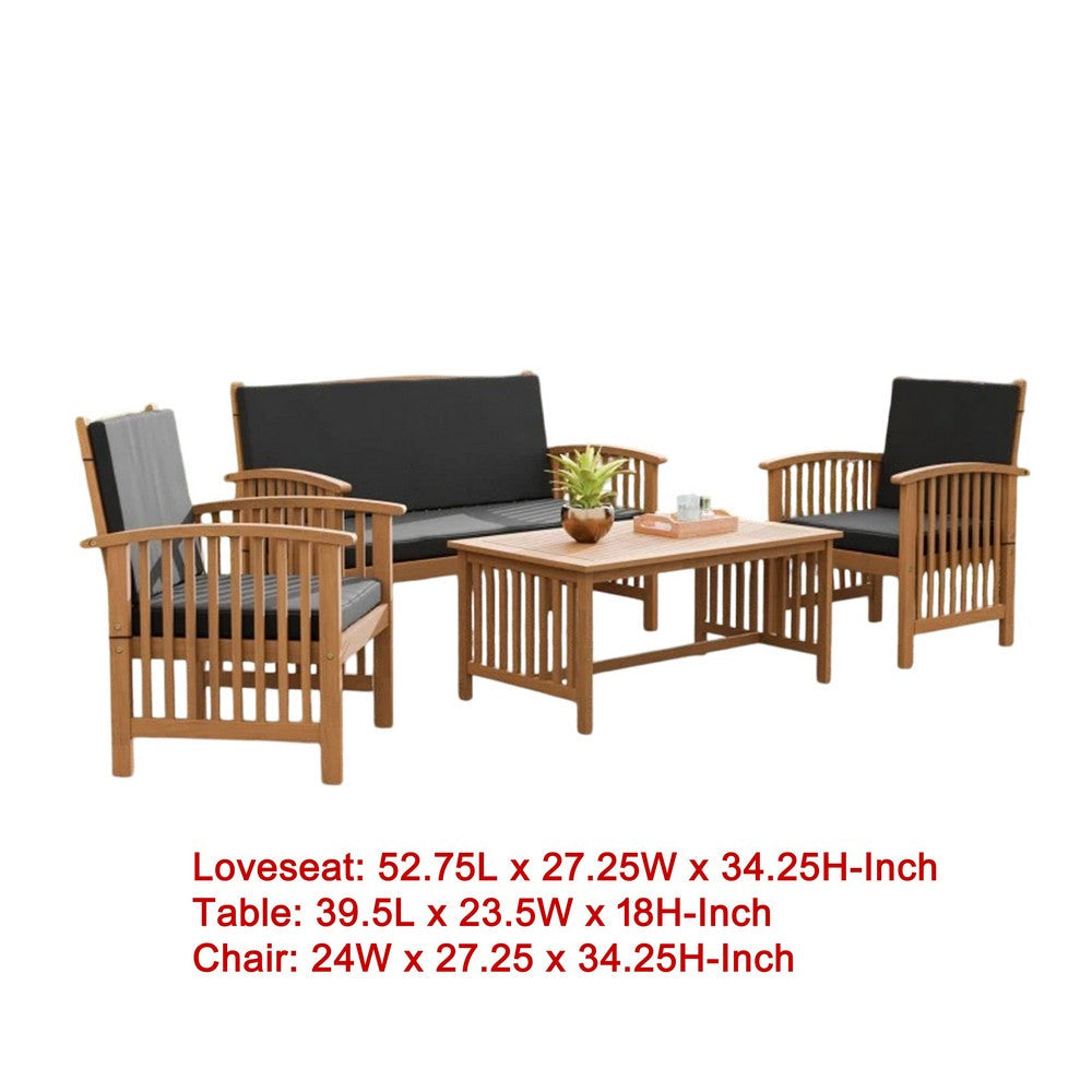 Kaila 4pc Patio Sofa Chair & Coffee Table Set | Black Cushions | Brown Wood BM337265