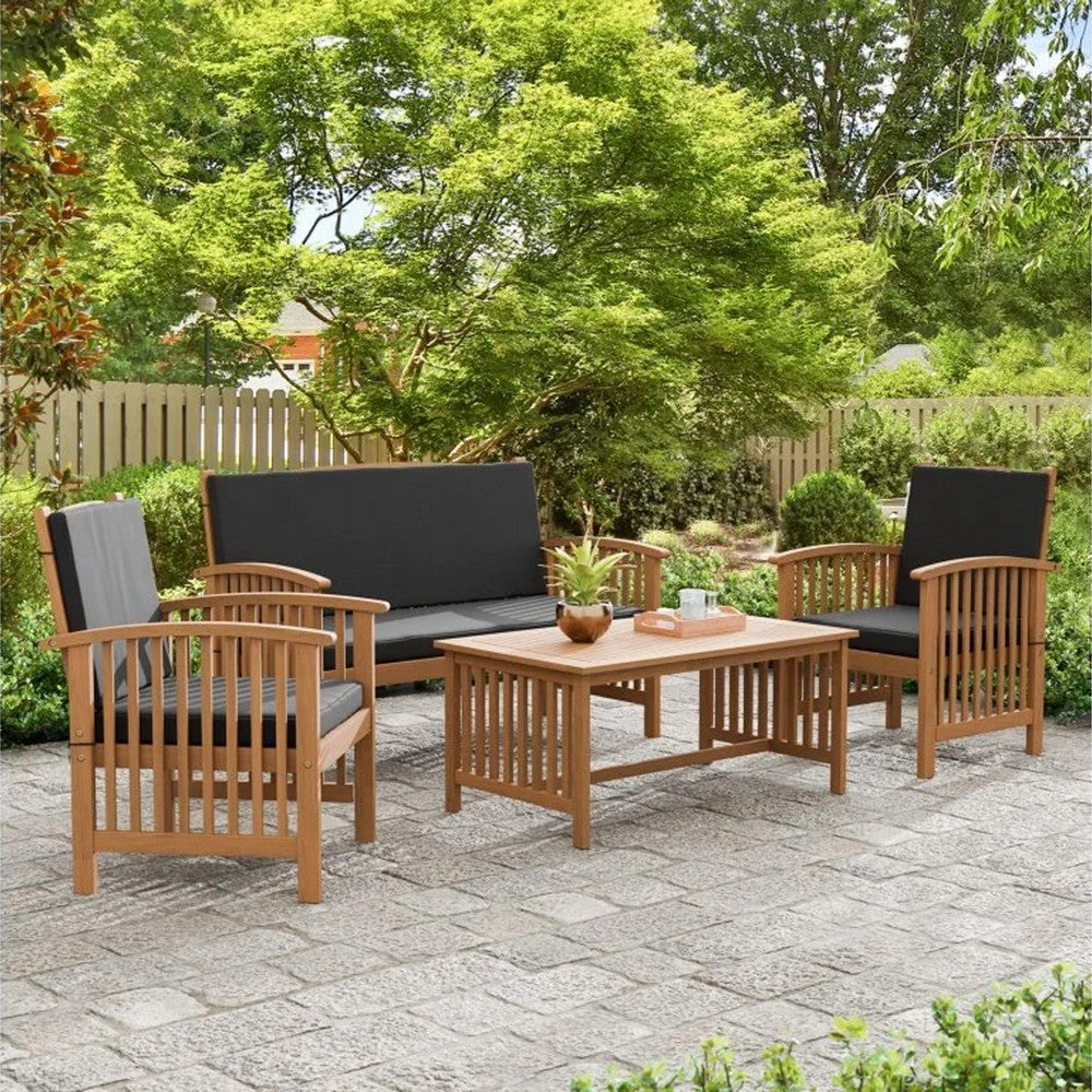 Kaila 4pc Patio Sofa, Chair & Coffee Table Set | Black Cushions | Brown Wood