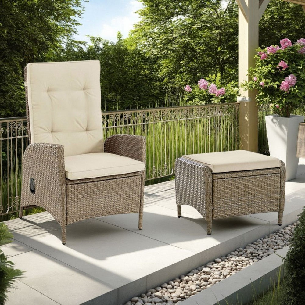 Ankia 4pc Outdoor Reclining Chair & Ottoman Set | Beige Brown Woven