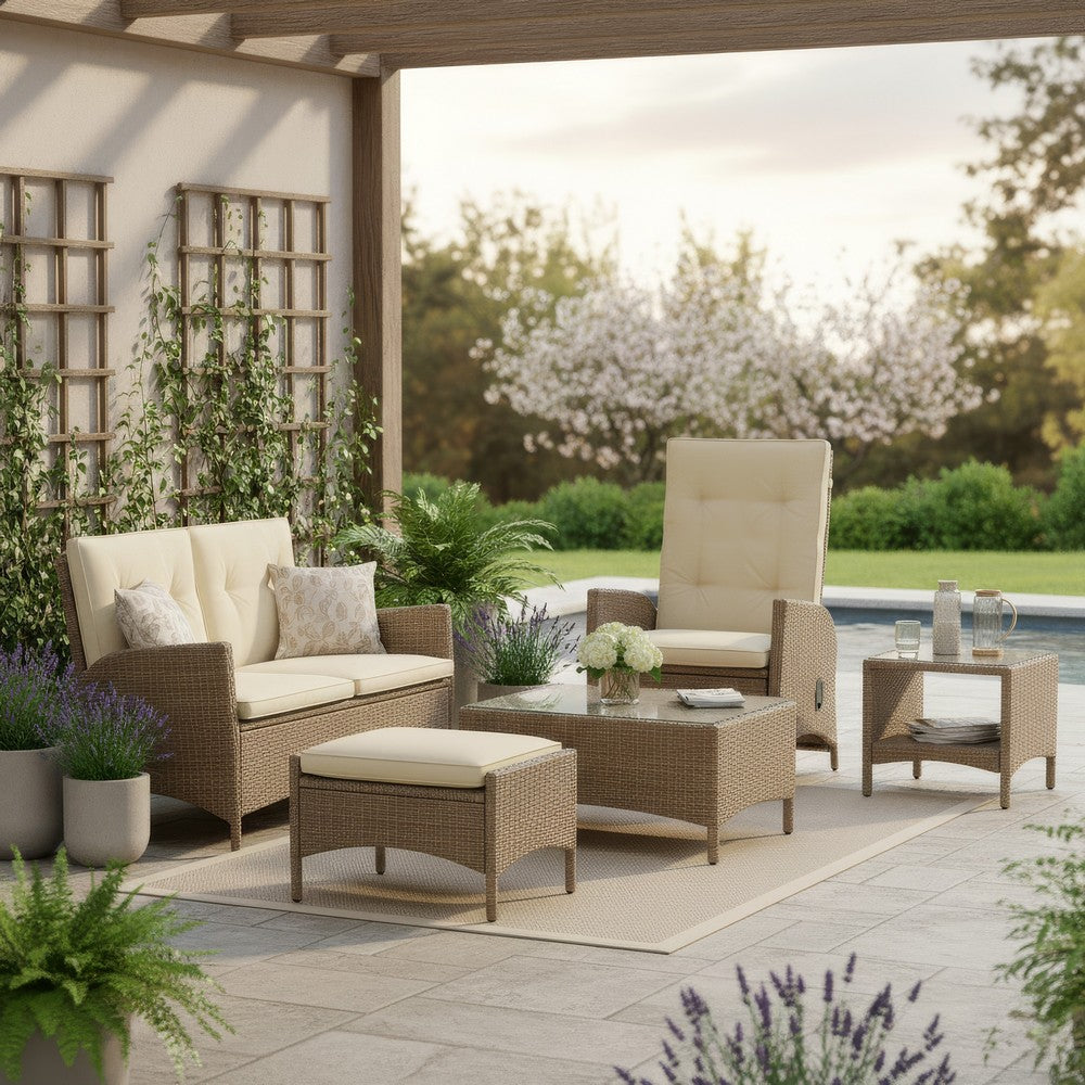Ankia 4pc Outdoor Reclining Chair & Ottoman Set | Beige Brown Woven