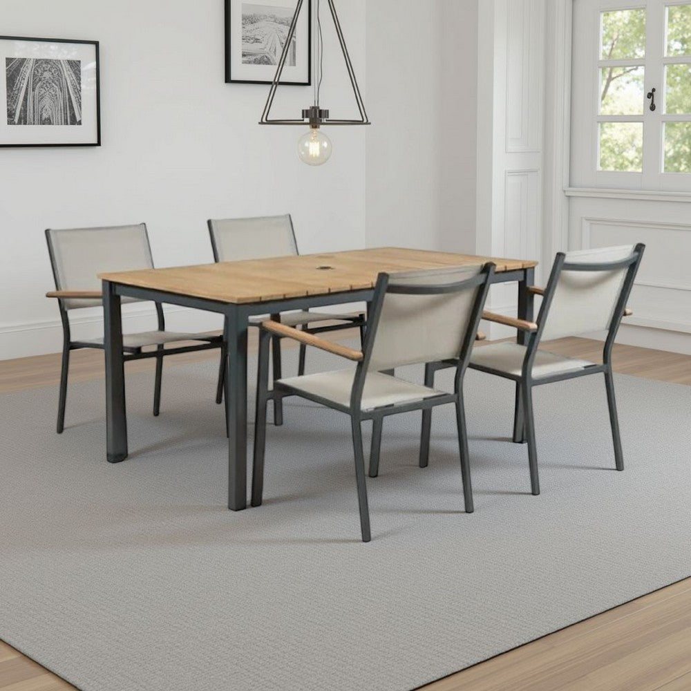 Ankia 5pc Outdoor Dining Table & Chairs Set | Gray | Natural Teak Brown