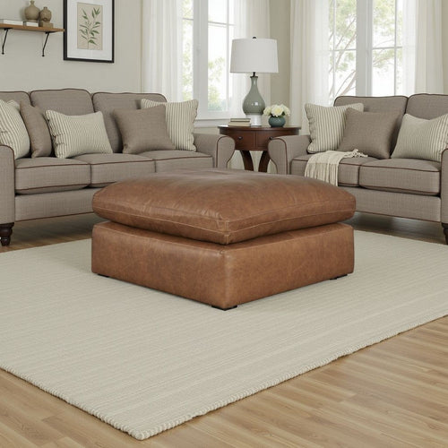 Accent Ottoman | 42" Square | Caramel Brown Faux Leather | Non Skid