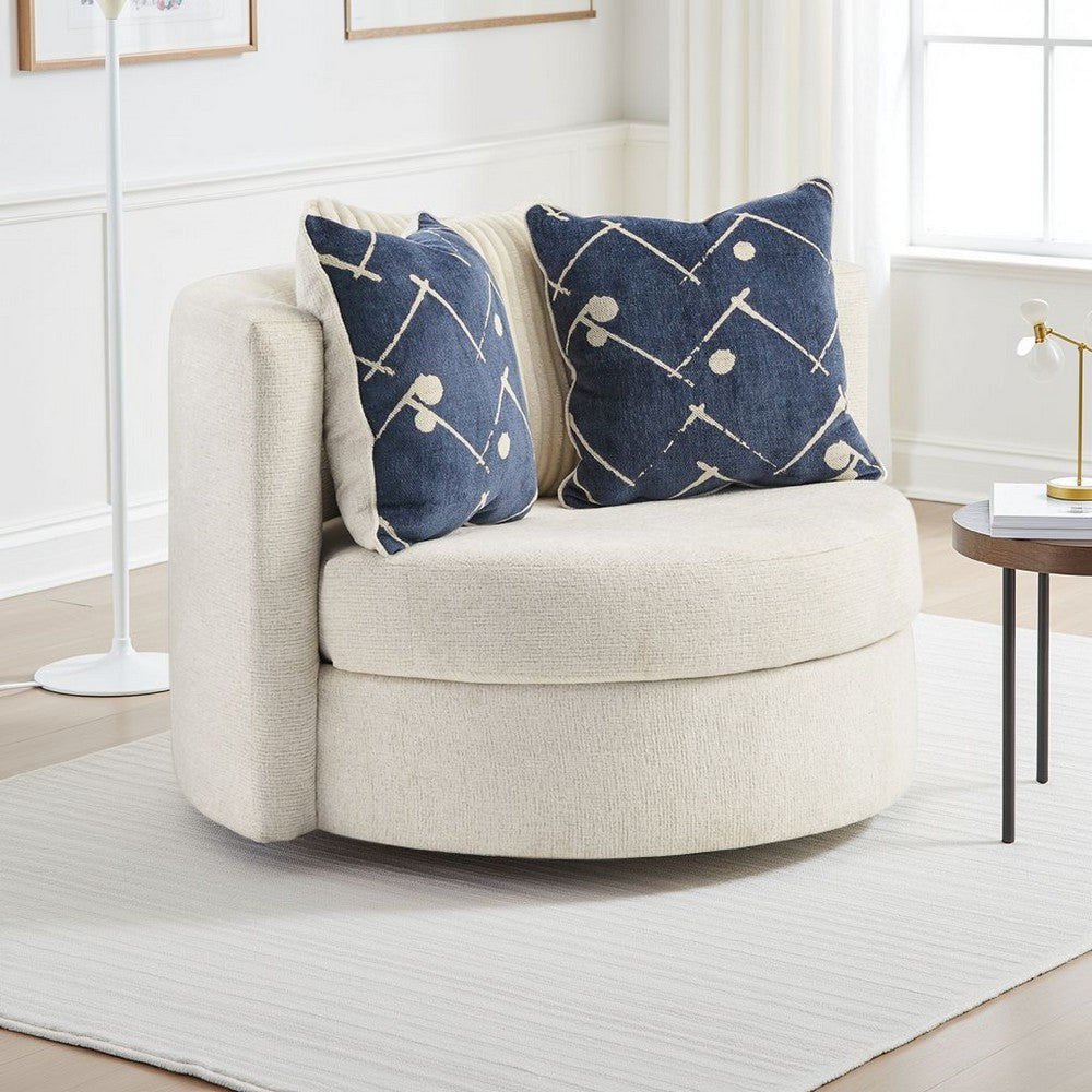 Oversize Swivel Accent Chair | 3 Throw Pillows | Ivory Polyester