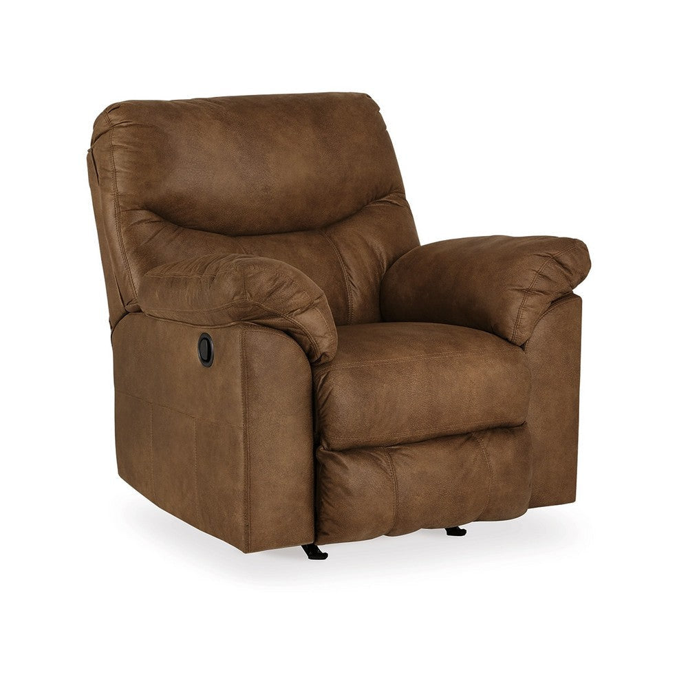 Manual Rocker Recliner Chair | Plush Pillowtop Bark Brown Faux Leather
