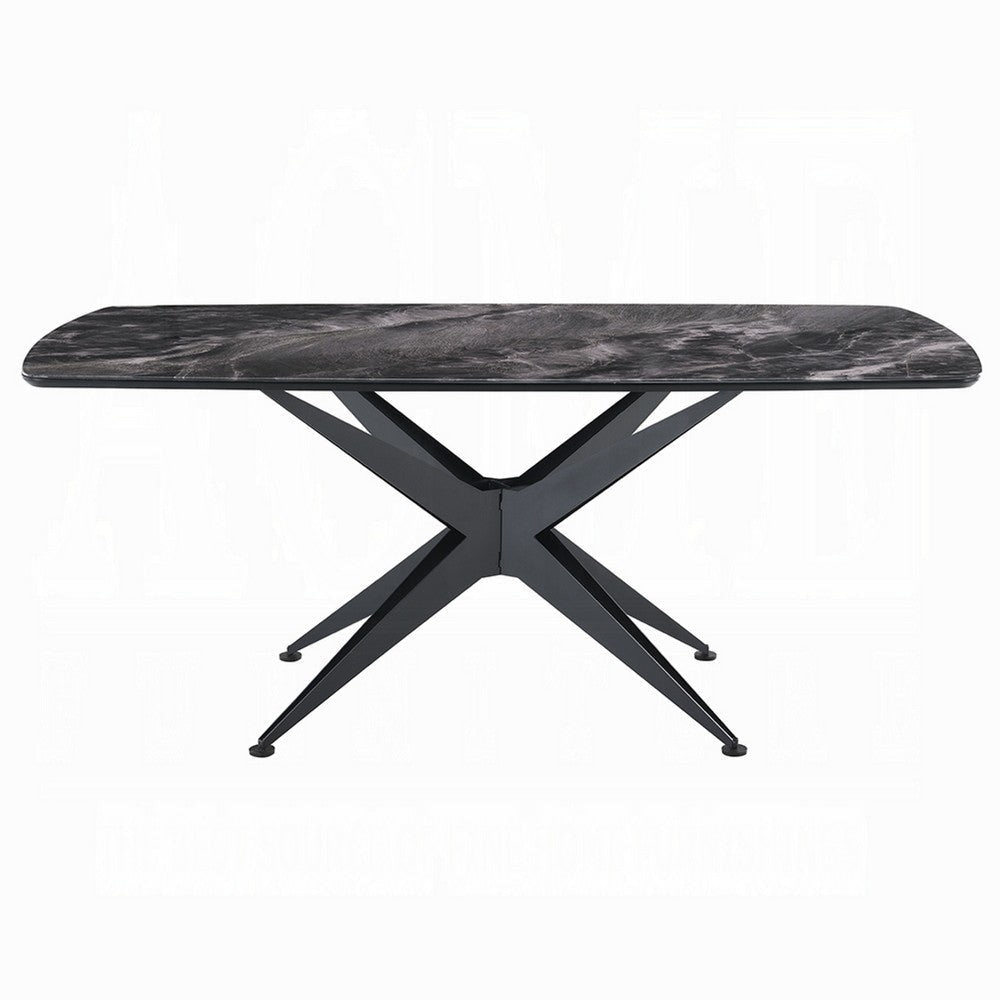 Laus Dining Table | 71’’ Crystal Glass Top | Black Geometric Base BM337308