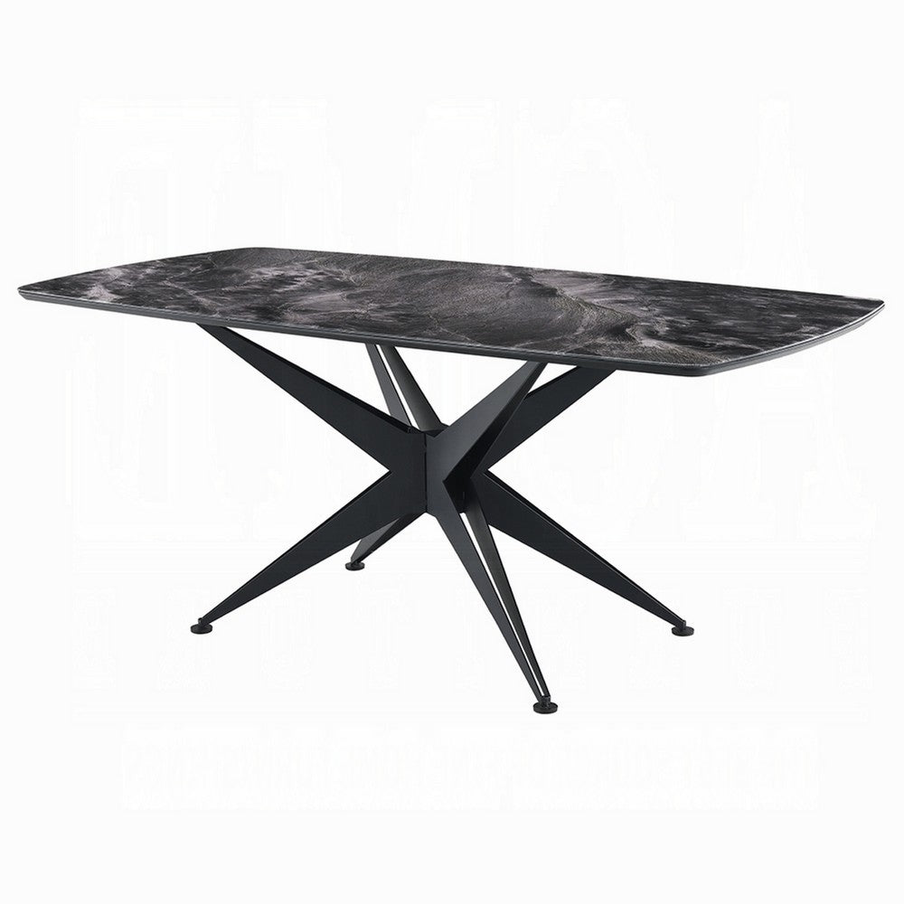 Laus Dining Table | 71" Crystal Glass Top | Black Geometric Base