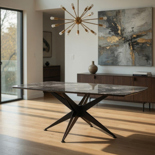 Laus Dining Table | 71" Crystal Glass Top | Black Geometric Base