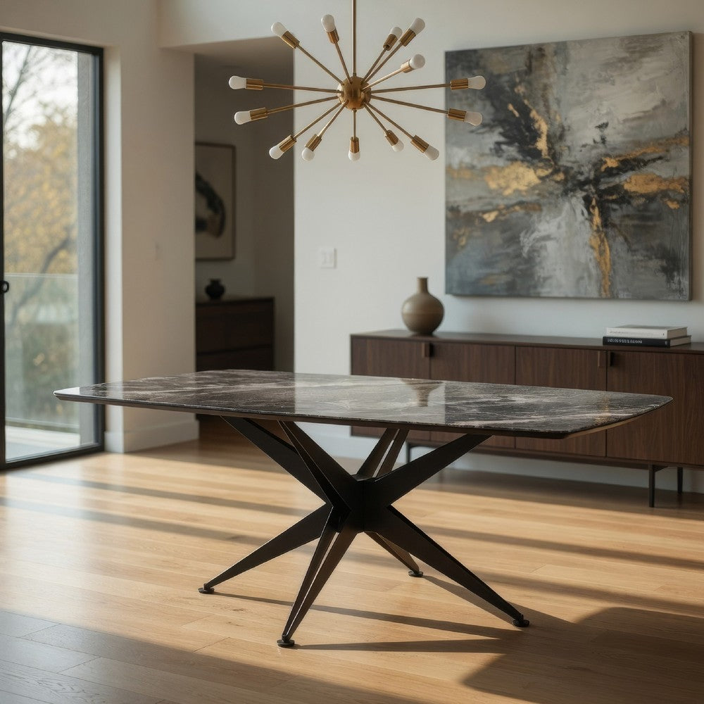 Laus Dining Table | 71" Crystal Glass Top | Black Geometric Base