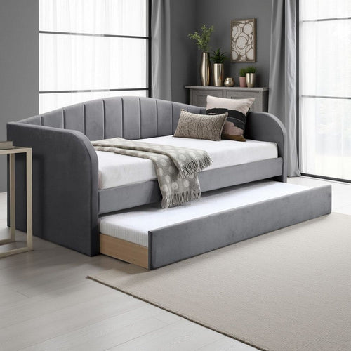Keo Daybed with Pull Out Trundle | Channel Tufted Modern Gray Velvet