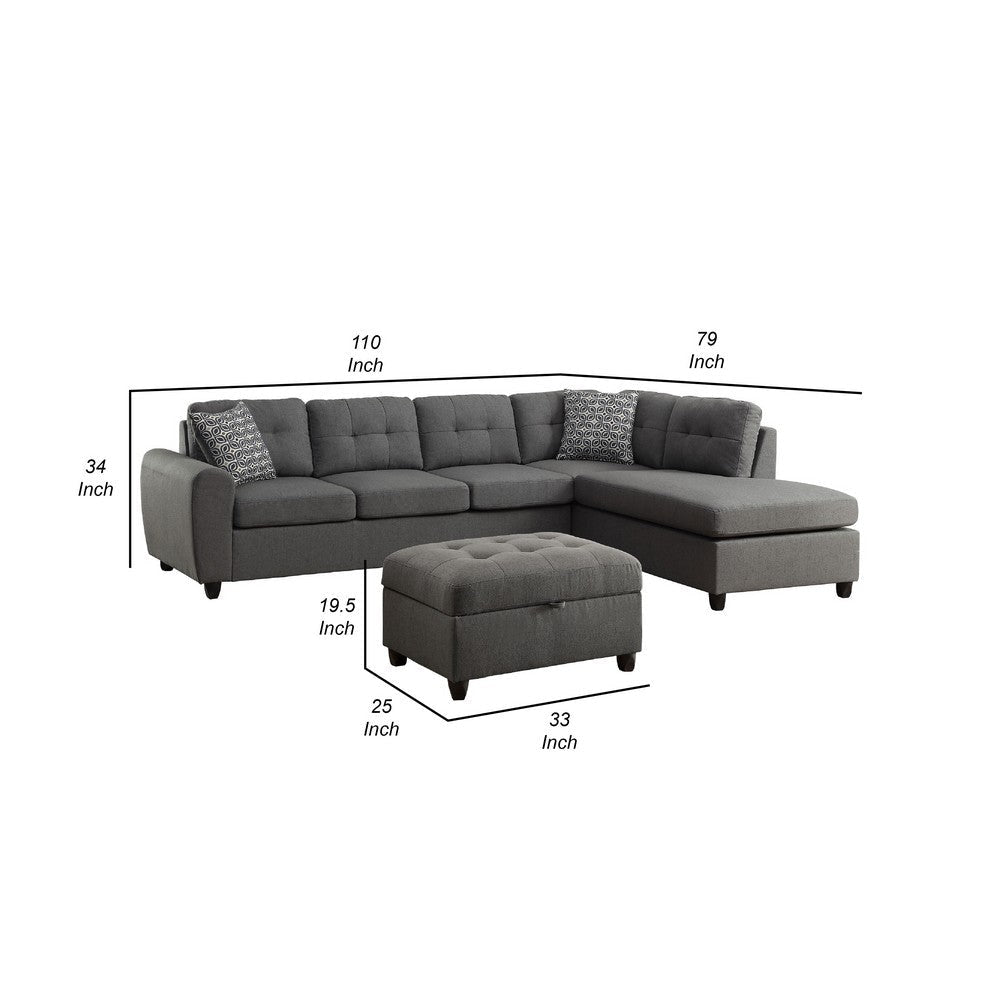 Esse Sectional Chaise Sofa w/ Storage Ottoman | 2 Accent Pillows | Gray BM337732