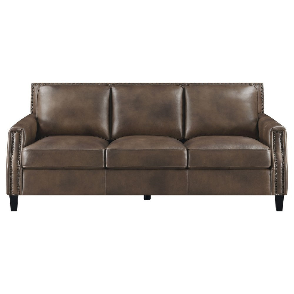 Rich 2pc Sofa Loveseat Set | Brass Nailhead Trim | Brown Top Grain Leather BM337733