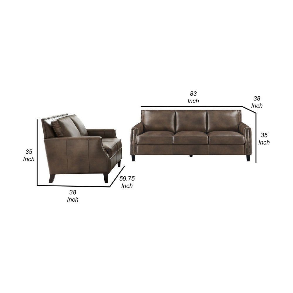 Rich 2pc Sofa Loveseat Set | Brass Nailhead Trim | Brown Top Grain Leather BM337733