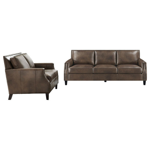 Rich 2pc Sofa Loveseat Set | Brass Nailhead Trim | Brown Top Grain Leather