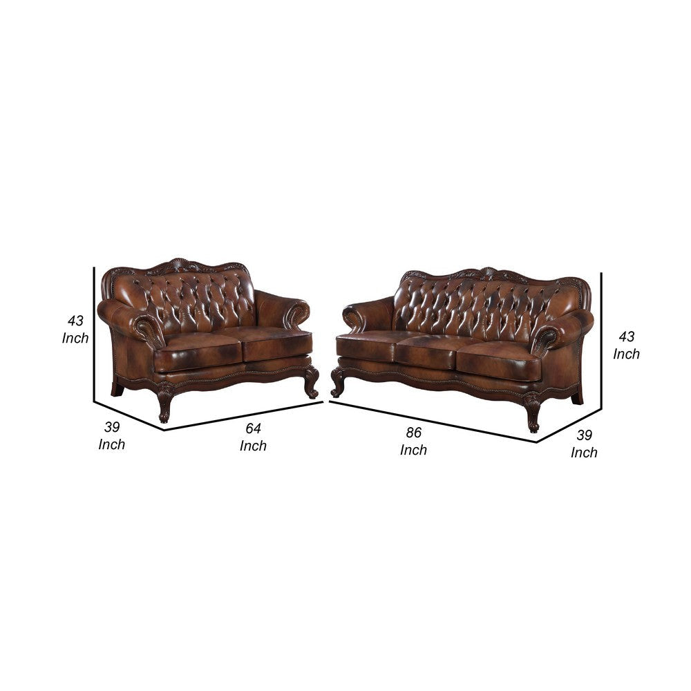 Vito 2pc Sofa Set | Nailhead Trim | Brown Tufted Top Grain Leather BM337735