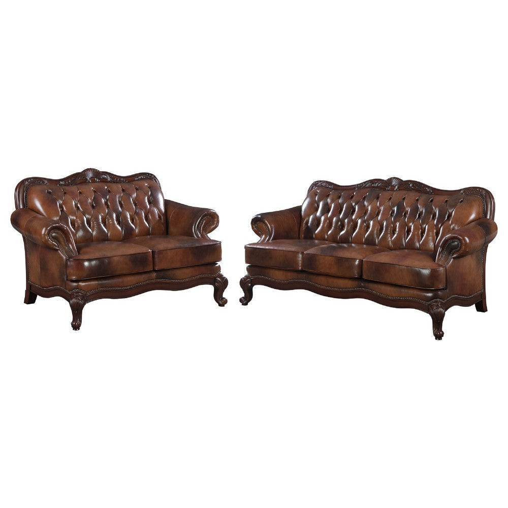 Vito 2pc Sofa Set | Nailhead Trim | Brown Tufted Top Grain Leather