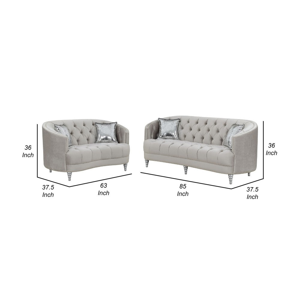 Tiffy 2pc Sofa Loveseat Set | C Shaped Gray Rhinestone Tufted Velvet