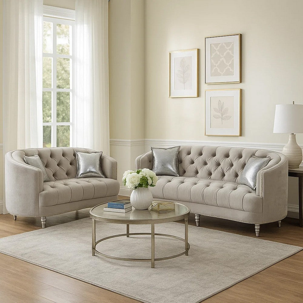 Tiffy 2pc Sofa Loveseat Set | C Shaped Gray Rhinestone Tufted Velvet