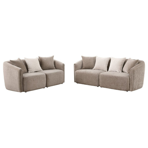 Tovi 2pc Living Room Set | Shelter Back Sofa | 7 Accent Pillows | Latte Chenille