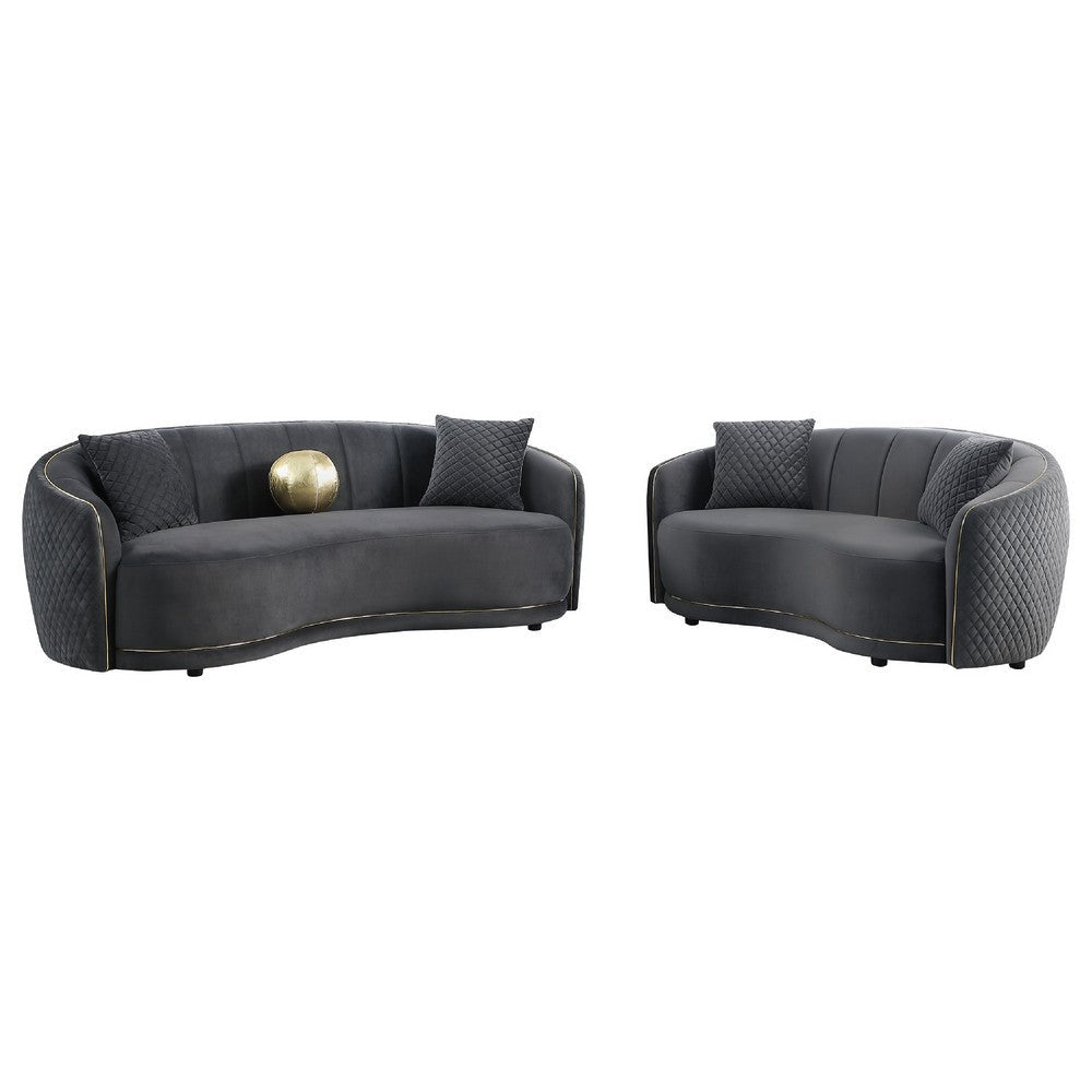 Buo 2pc Living Room Set | Sofa & Loveseat | Gold Trim | Dark Gray Velvet BM337753