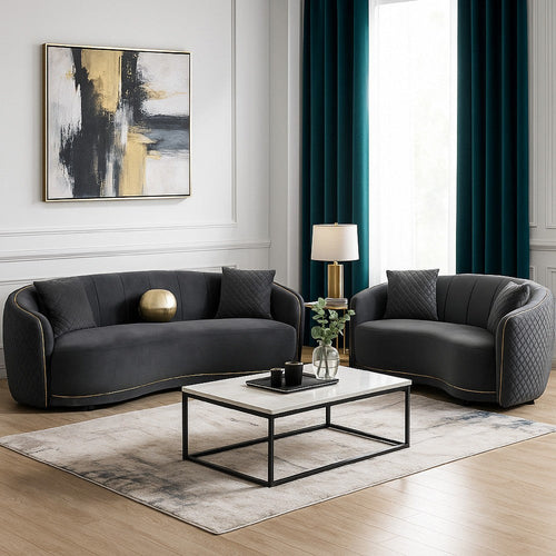 Buo 2pc Living Room Set | Sofa & Loveseat | Gold Trim | Dark Gray Velvet