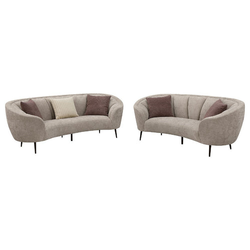 Zui 2pc Sofa Loveseat Set | Modern Curved Shape Beige Tufted Fabric | 4 Pillows