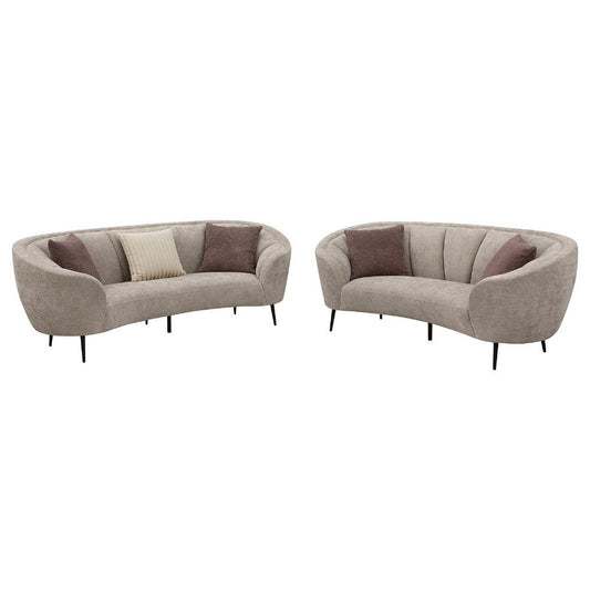 Zui 2pc Sofa Loveseat Set | Modern Curved Shape Beige Tufted Fabric | 4 Pillows
