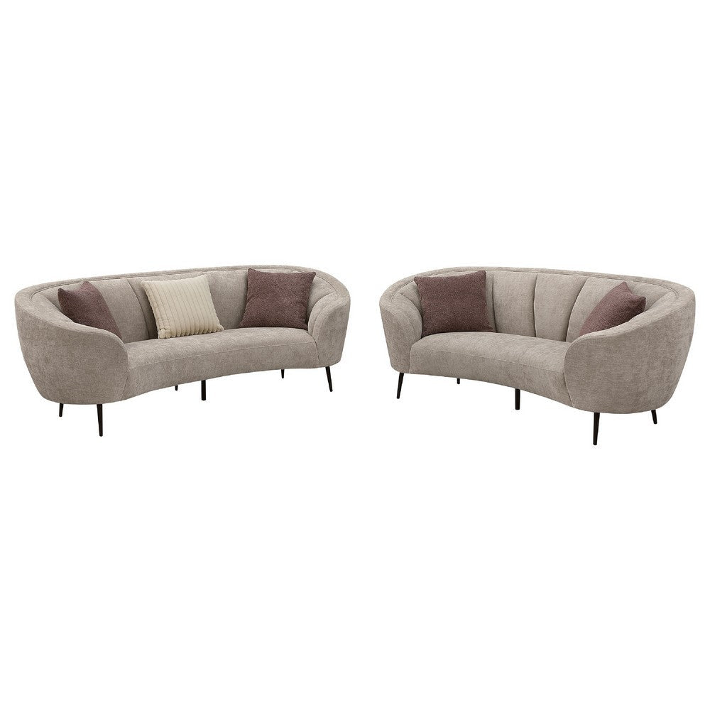 Zui 2pc Sofa Loveseat Set | Modern Curved Shape Beige Tufted Fabric | 4 Pillows