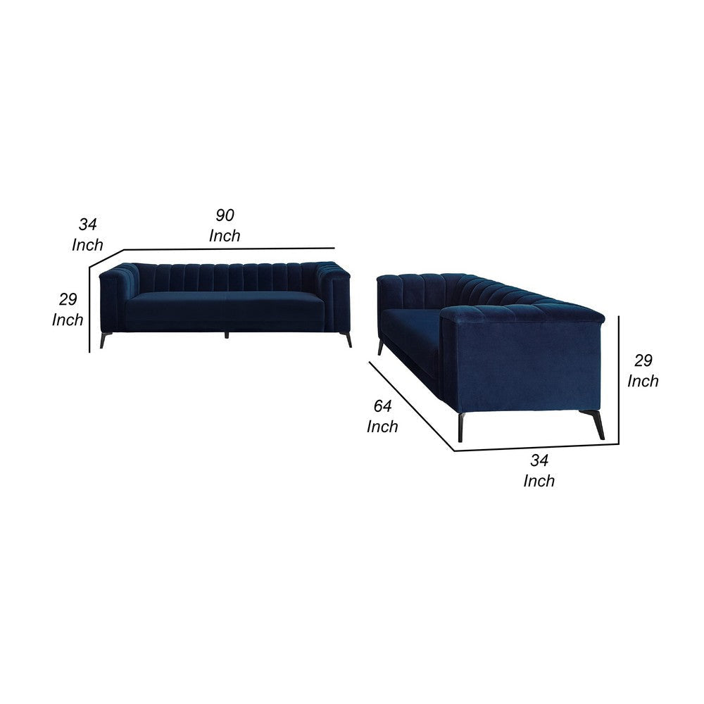 Avvy 2pc Sofa Set | Tuxedo Arms | Black Metal Legs | Blue Matte Velvet BM337756