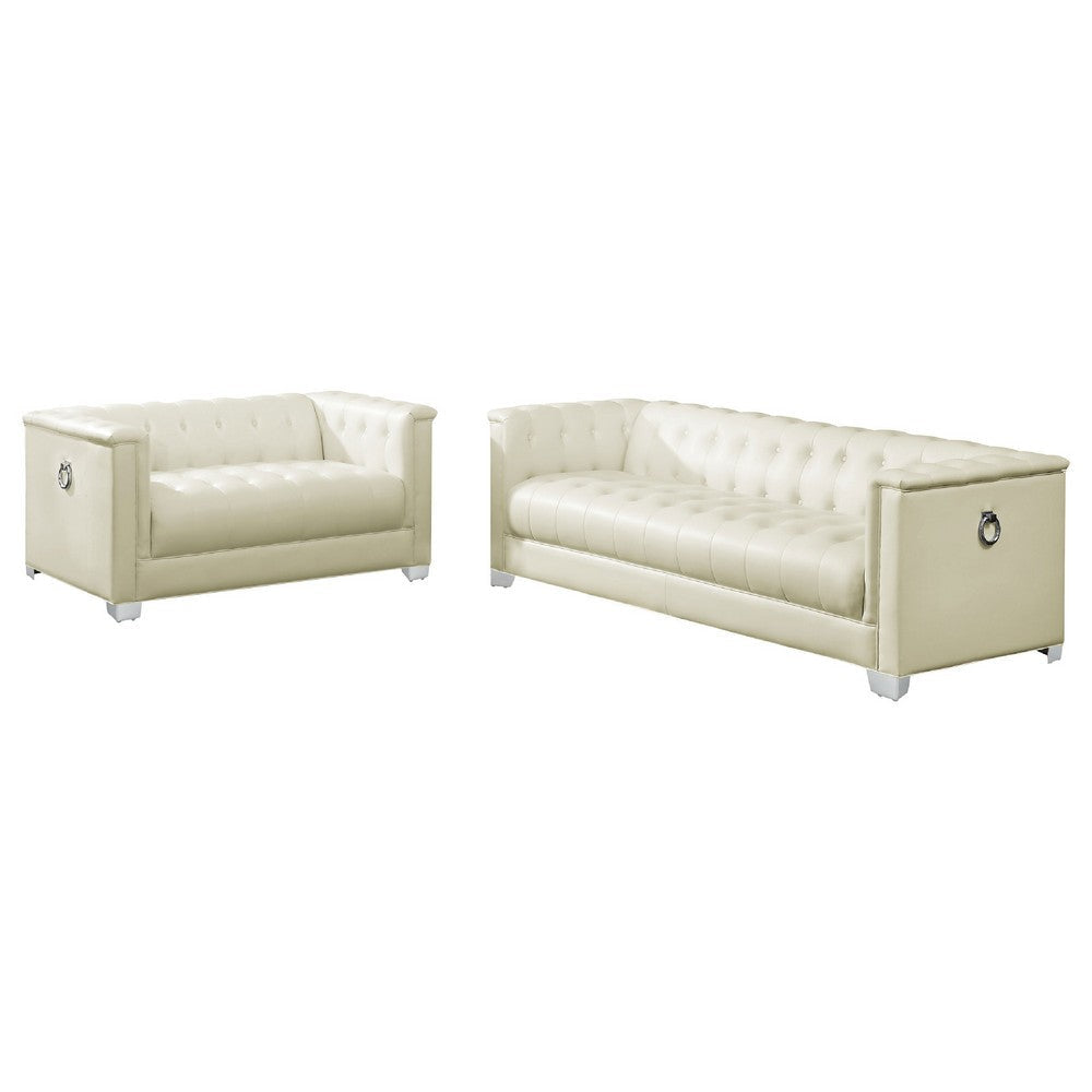 Avya 2pc Living Room Set | Track Arms Sofa & Loveseat | Ivory Faux Leather
