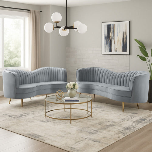 Enzo 2pc Living Room Sofa Set | Modern Curved | Gray Channel Tufted Velvet