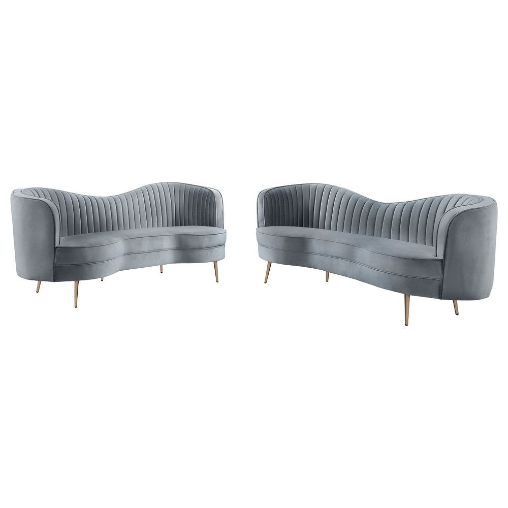 Enzo 2pc Living Room Sofa Set | Modern Curved | Gray Channel Tufted Velvet BM337765