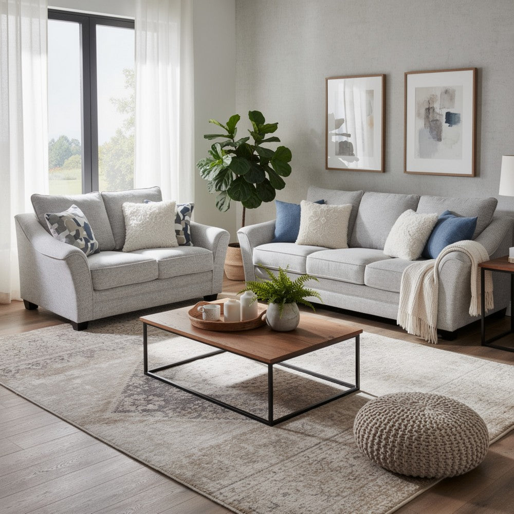Kito 2pc Living Room Sofa Set | Modern Sloped Arms | Light Gray Boucle