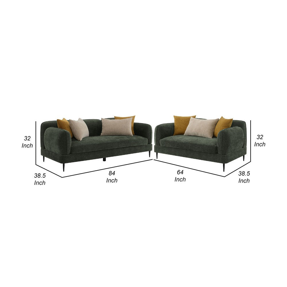 Dija 2pc Sofa Set w/ 7 Throw Pillows | Slim Metal Legs | Green Chenille BM337787