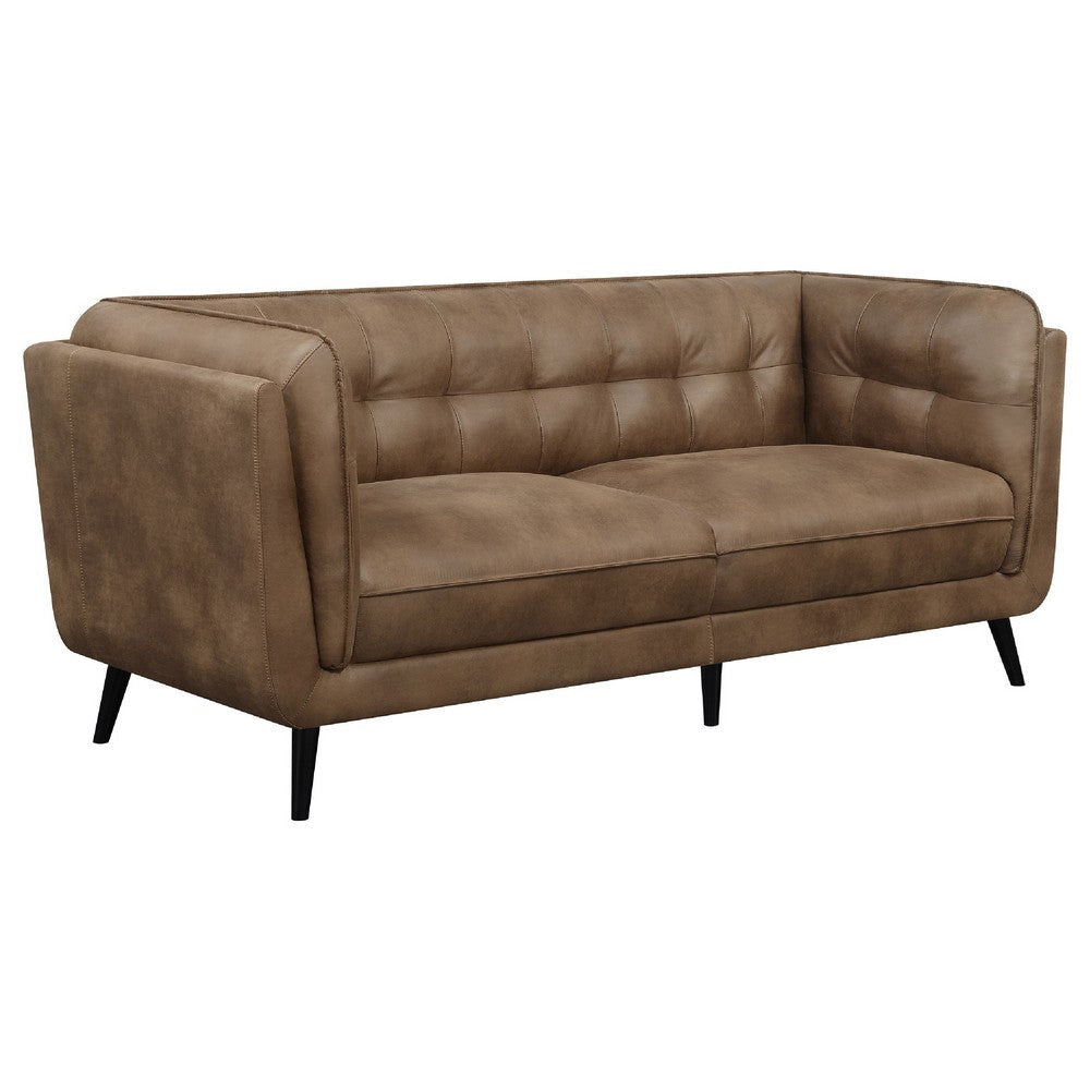 Tanny 2pc Classic Sofa & Loveseat Set | Grid Tufted Brown Faux Leather BM337789