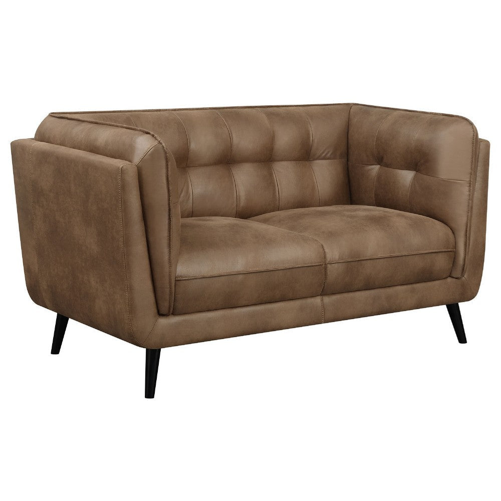 Tanny 2pc Classic Sofa & Loveseat Set | Grid Tufted Brown Faux Leather BM337789