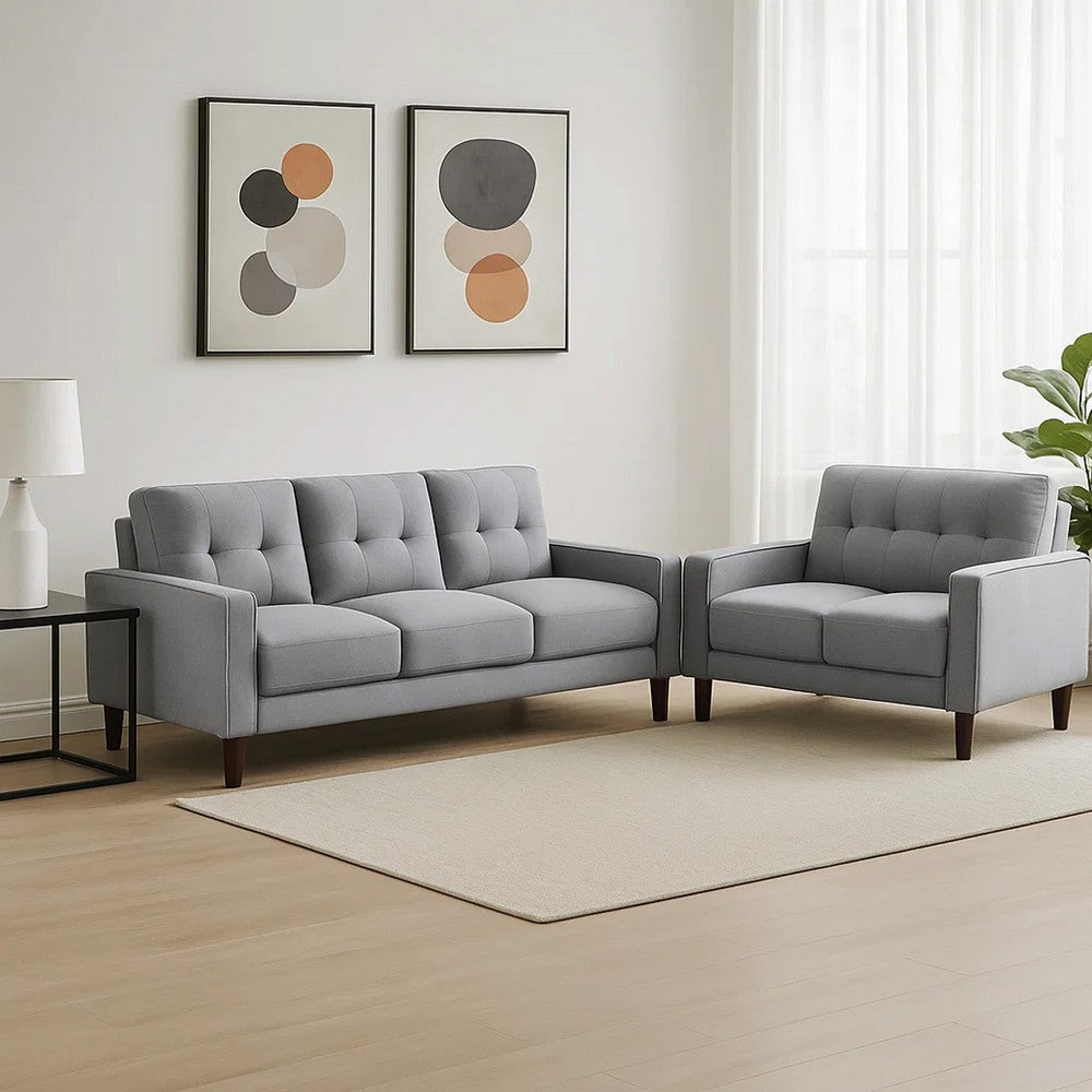 Bow 2pc Sofa Set w/ Track Arms & Tapered Legs | Gray Grid Tufted Fabric