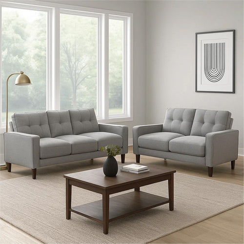Bow 2pc Sofa Set w/ Track Arms & Tapered Legs | Gray Grid Tufted Fabric