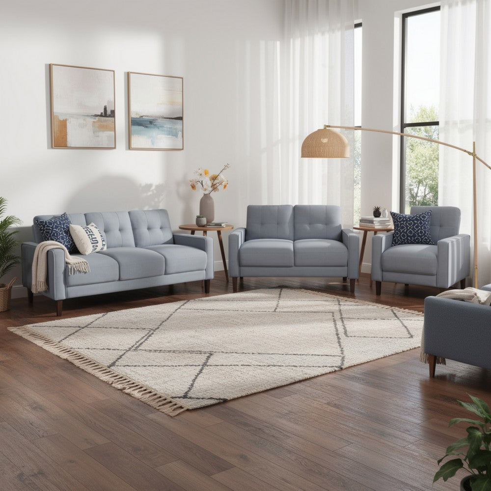 Bow 3pc Sofa Set w/ Track Arms & Tapered Legs | Gray Grid Tufted Fabric