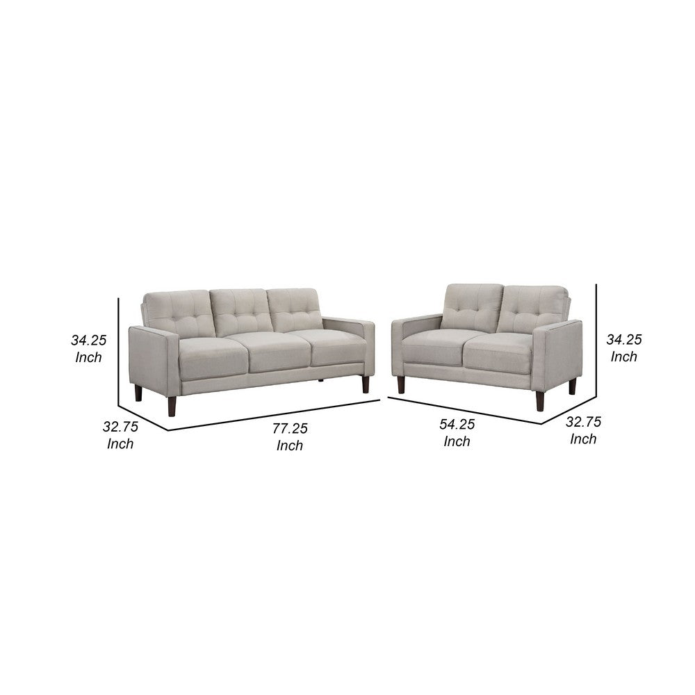 Bow 2pc Sofa Set w/ Track Arms & Tapered Legs | Beige Grid Tufted Fabric