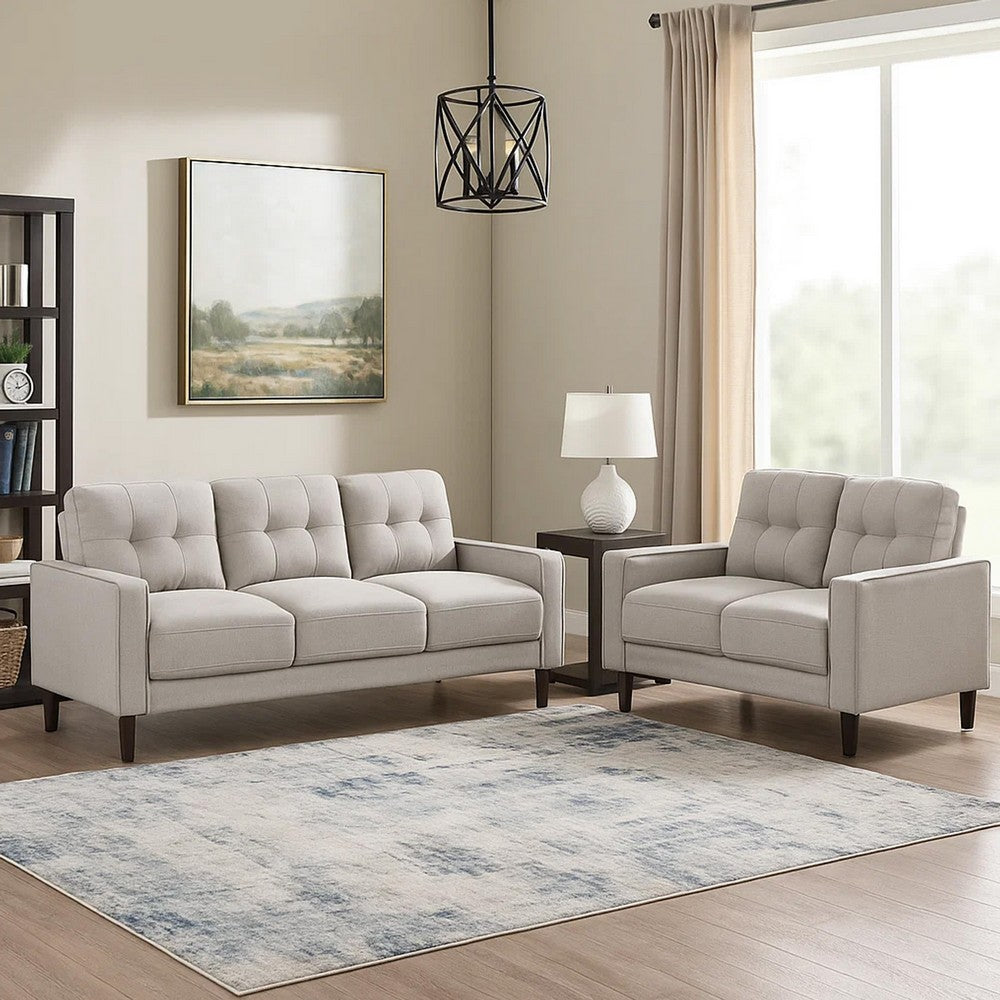 Bow 2pc Sofa Set w/ Track Arms & Tapered Legs | Beige Grid Tufted Fabric