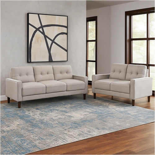 Bow 2pc Sofa Set w/ Track Arms & Tapered Legs | Beige Grid Tufted Fabric