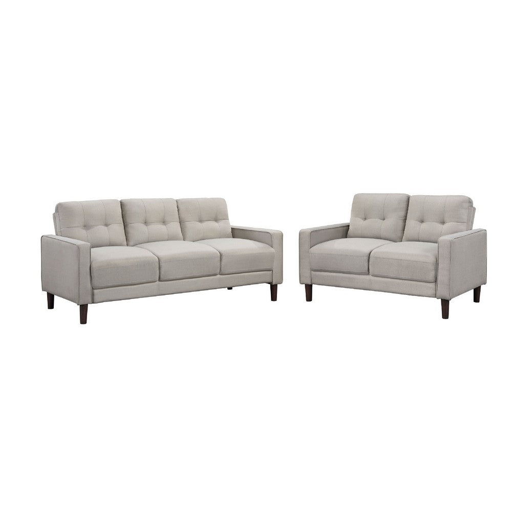 Bow 2pc Sofa Set w/ Track Arms & Tapered Legs | Beige Grid Tufted Fabric