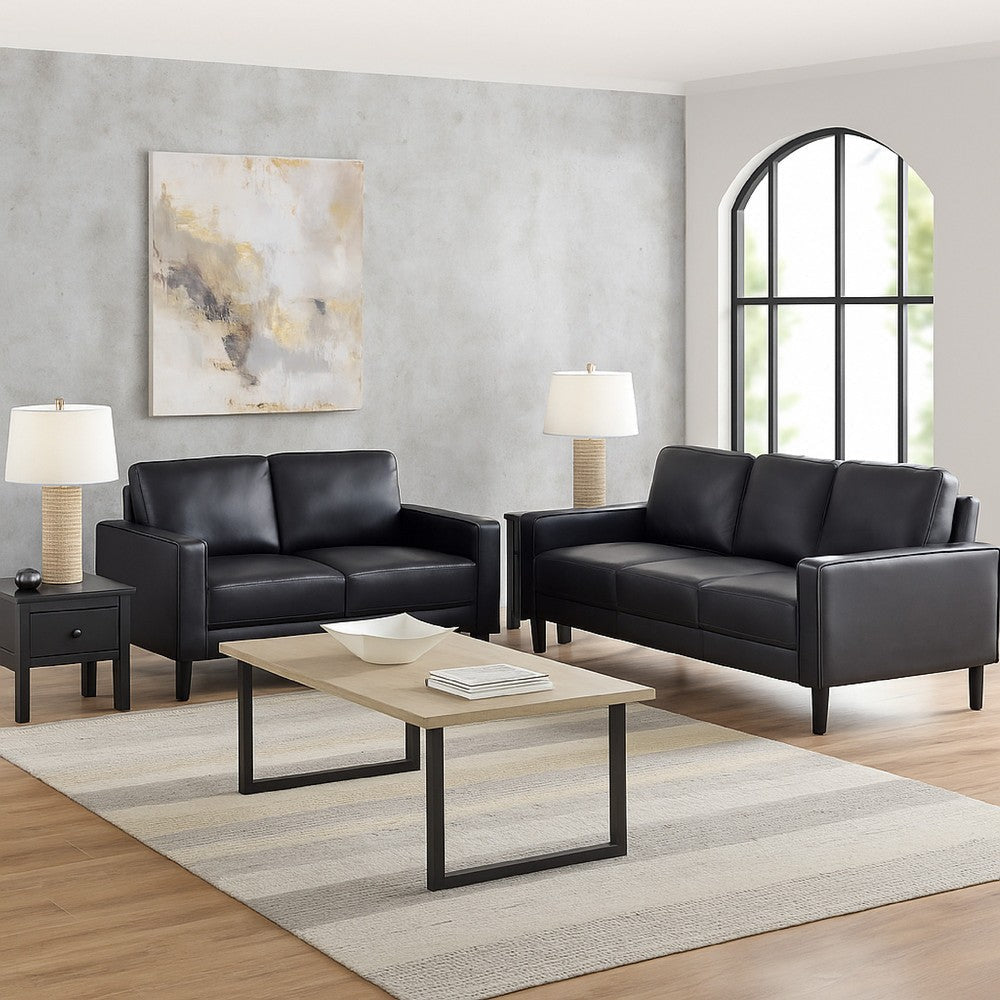 Rumi 2pc Sofa & Loveseat Set | Modern Track Arms | Black Faux Leather