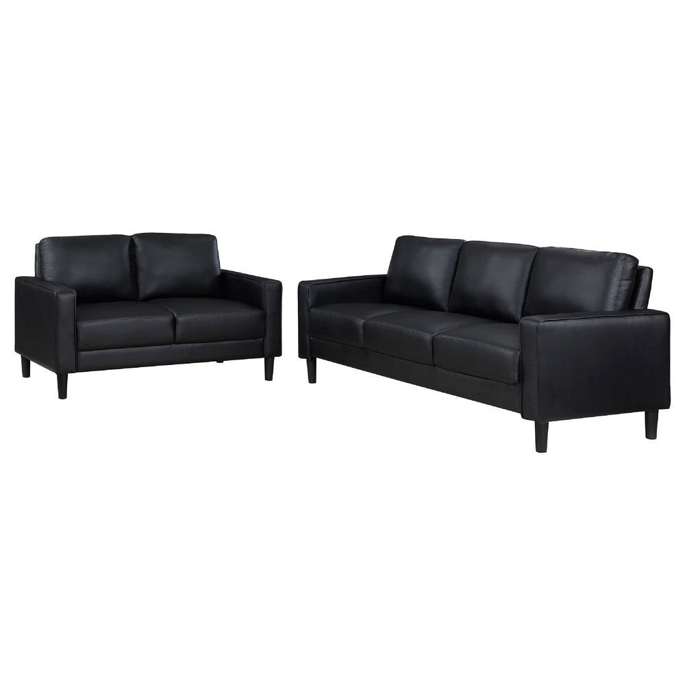 Rumi 2pc Sofa & Loveseat Set | Modern Track Arms | Black Faux Leather BM337803