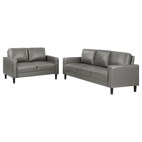 Rumi 2pc Sofa & Loveseat Set | Modern Track Arms | Gray Faux Leather