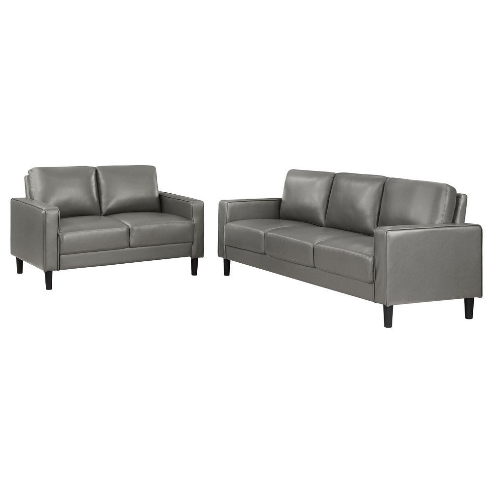 Rumi 2pc Sofa & Loveseat Set | Modern Track Arms | Gray Faux Leather