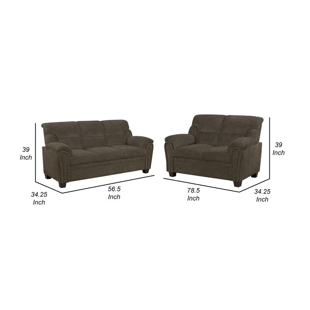 Clemen 2 Piece Sofa & Loveseat Set | Brown Chenille | Nailhead Trim BM337813