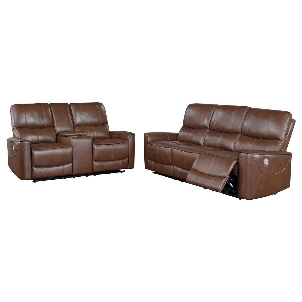 Lima 2pc Power Reclining Sofa & Loveseat Set | Brown Faux Leather